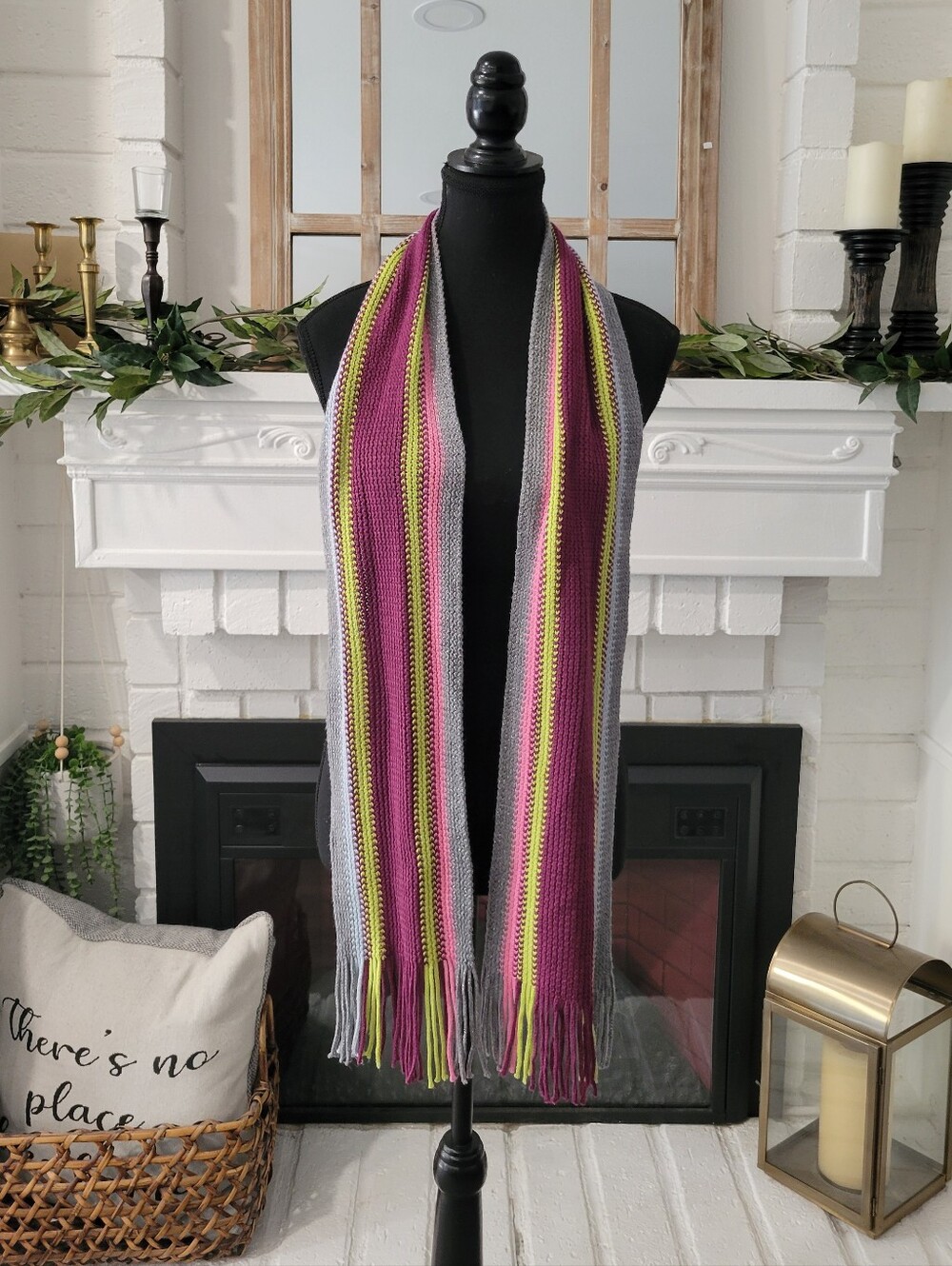 Y2k New York & Company Plum, Gray and Lime Striped Knit Scarf
